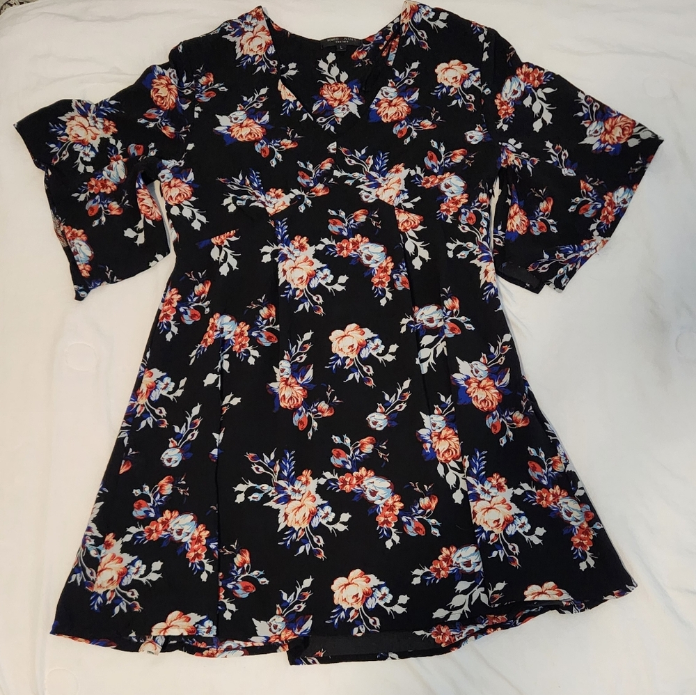Romeo & Juliet Couture Black Floral Dress with Orange and Blue Blooms